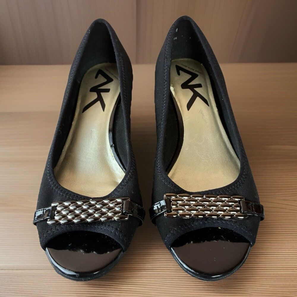 Anne Klein Sport Women's Open Toe Fabric Wedge Black Slip on Shoes Size 8.5M